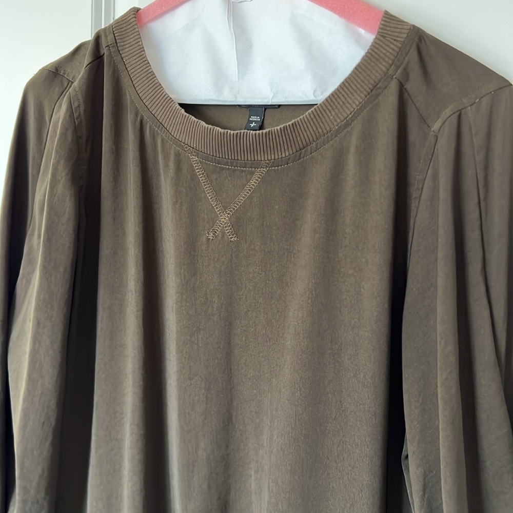 Express Olive Green Silky Blouse with Ruched Sleeves S